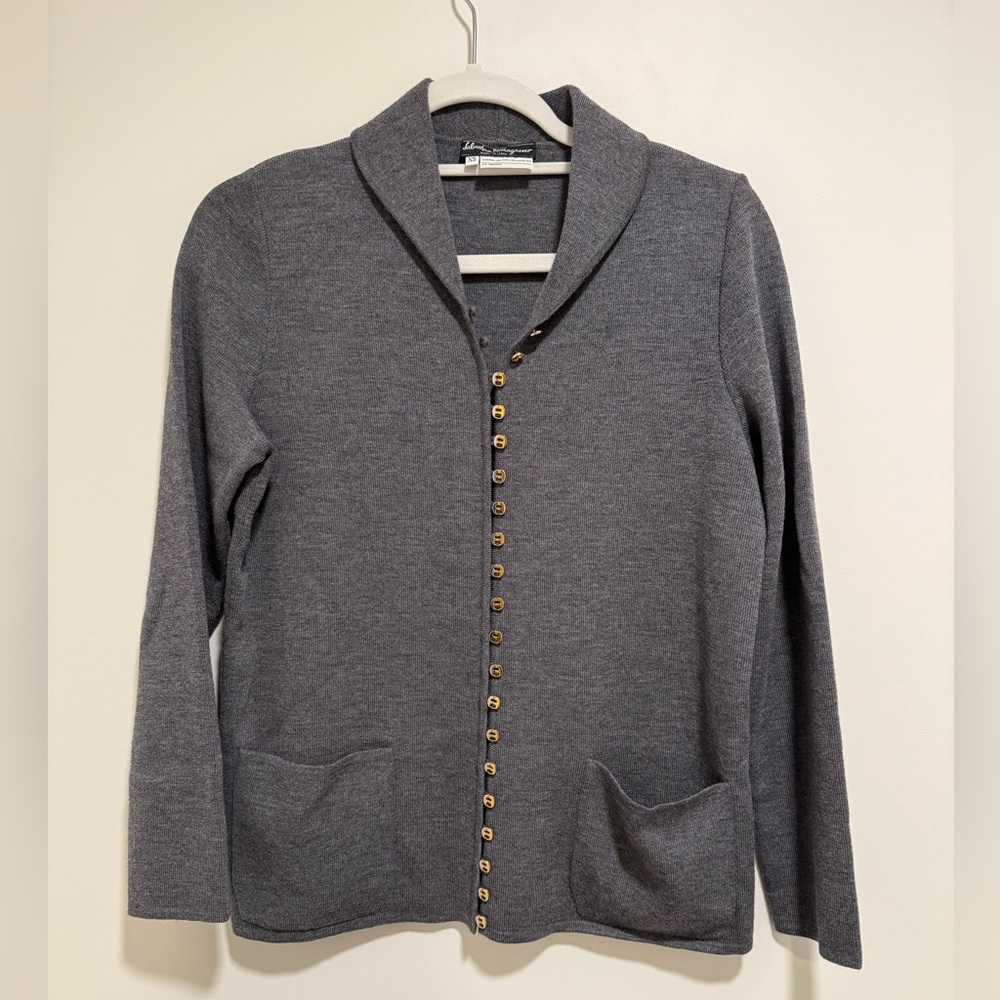 Salvatore Ferragamo Two Toned Logo Button 100% Wool Sweater, size XS